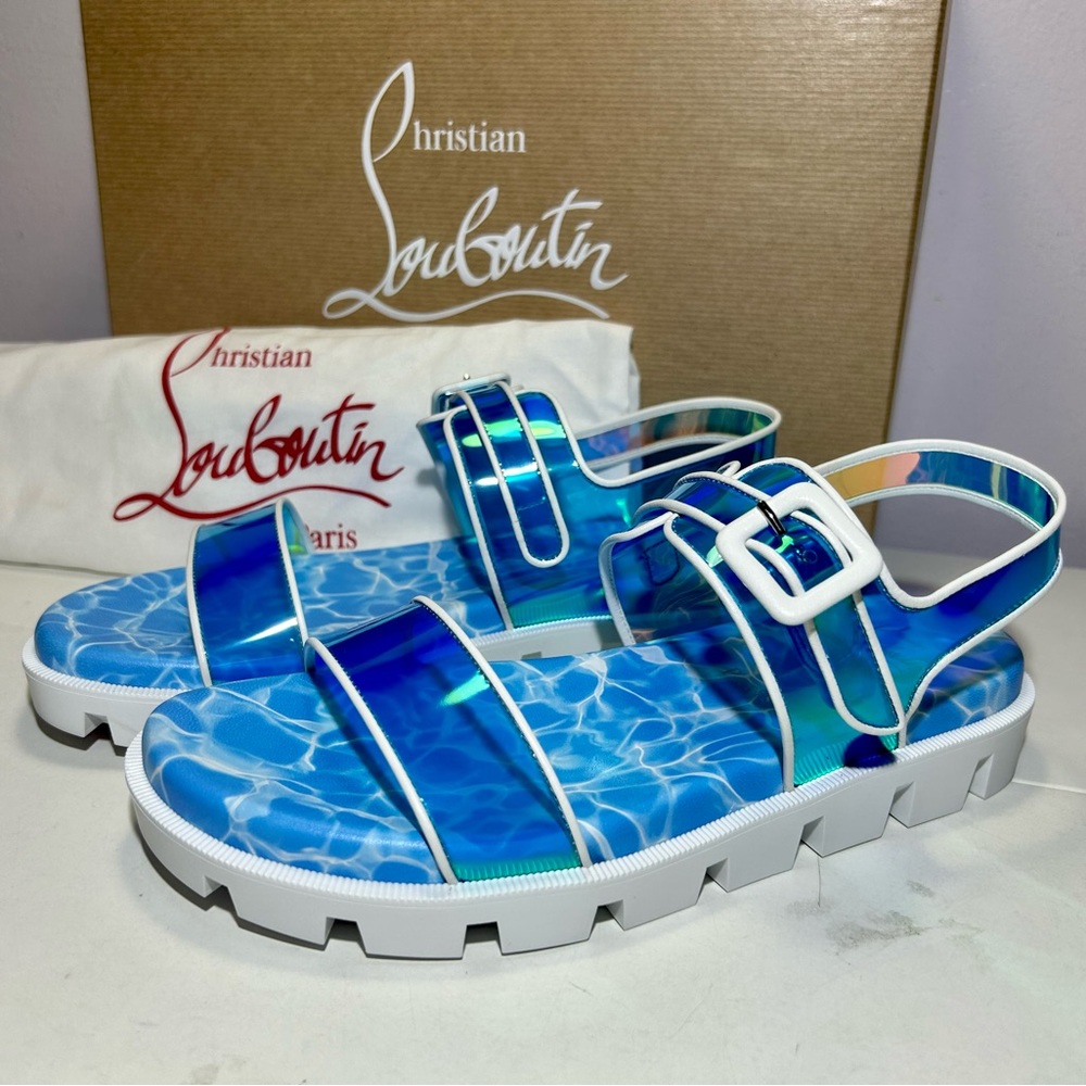 NEW CHRISTIAN LOUBOUTIN DUNISS COOL SANDALS IRIDESCENT BLUE/WHITE LUG SOLE SZ 37 - Picture 8 of 16